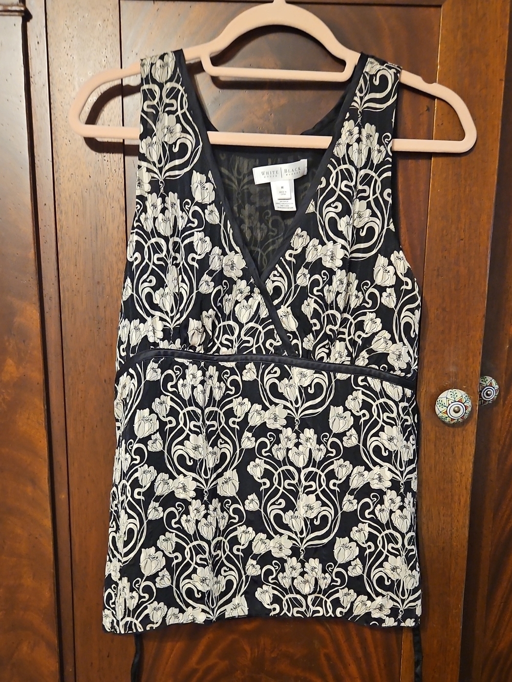 White House Black Market Black and Cream Floral Wrap Tank Top